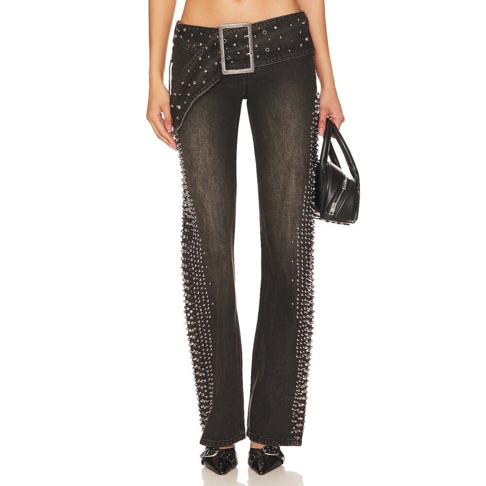 NWT Jaded London Studded Low Rise Jeans Dark Wash Belted Wide Leg W26 Revolve